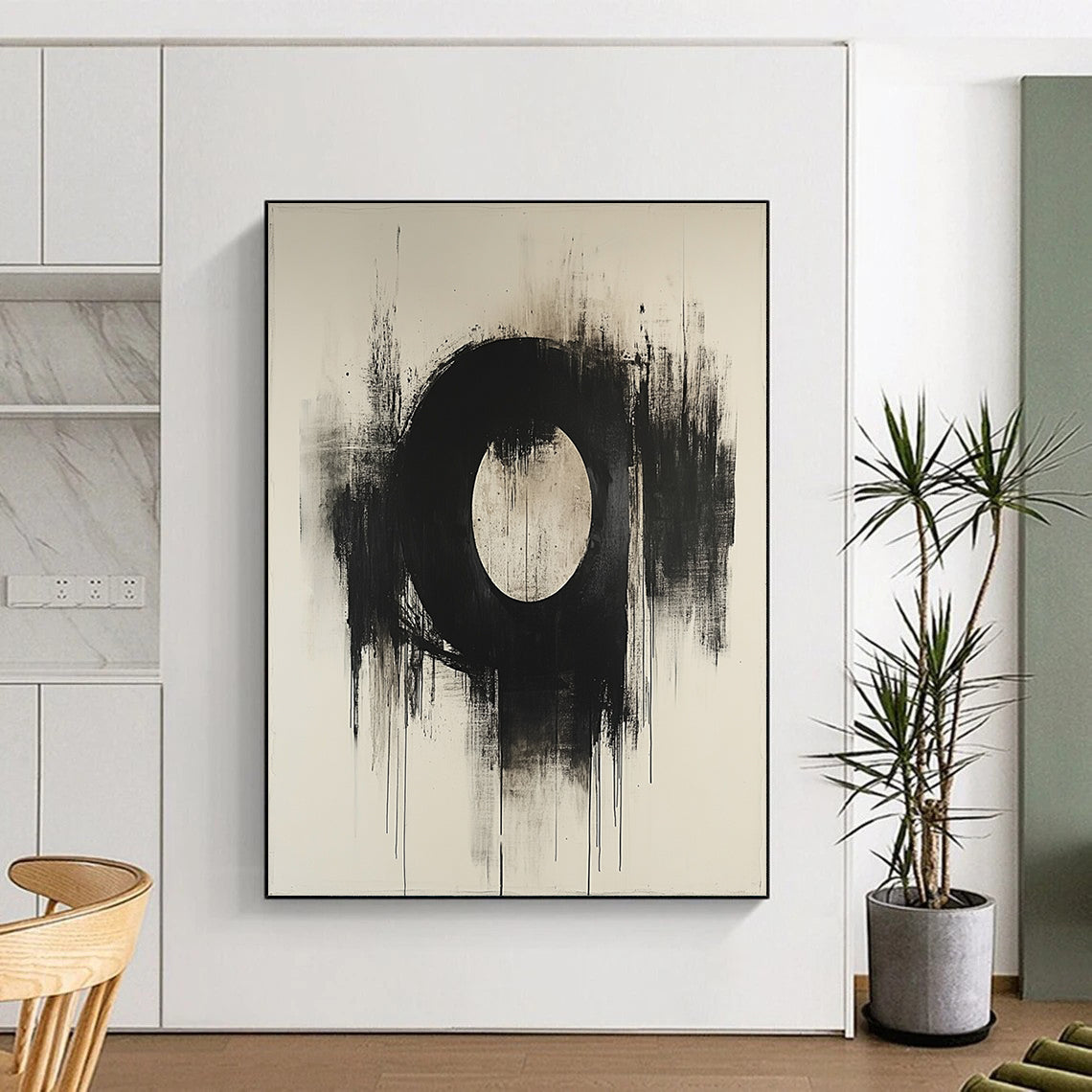 Contemporary abstract masterpiece featuring an oval in dark grey and beige on canvas with a textured finish showcasing artistic elegance. DLZ0859