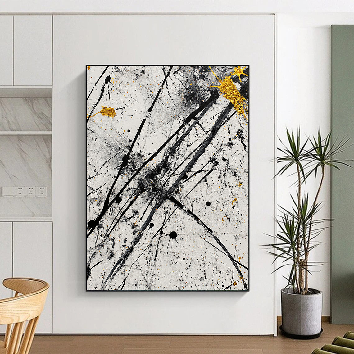 Black, White, Gray, Gold, Dynamic Drips "Starry Chaos" Abstract Pollock - Inspired Painting On Canvas HB064