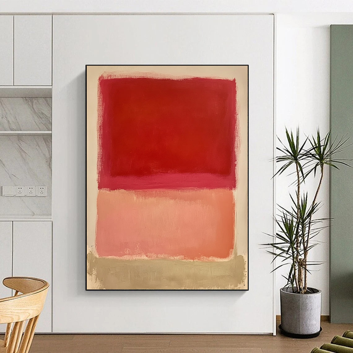 Large contemporary hand-painted abstract art featuring a red square pink rectangle and peach shape on a white background. Soft edges and flat appearance. DLZ1387