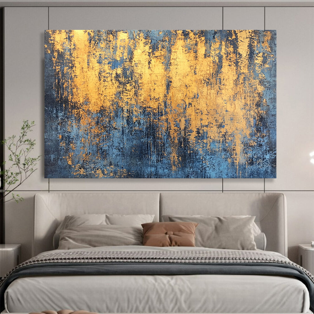 “Gold - Streaked Blue Texture” - Blue, Gold, Abstract Textured Painting On Canvas HB1000