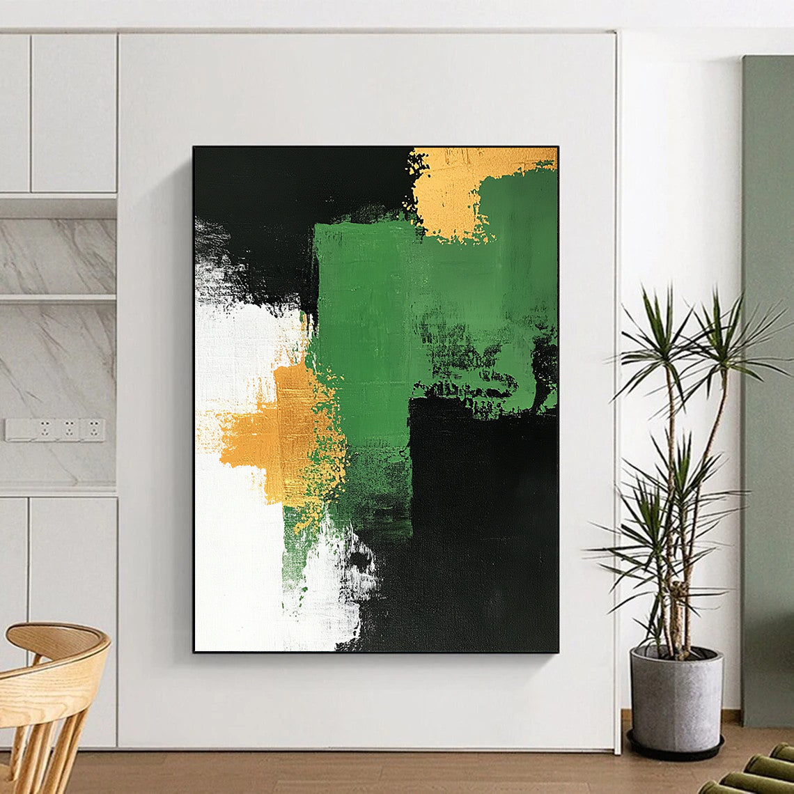 Contemporary hand-painted abstract artwork features a green and white palette with gold accents bold brush strokes on a black background framed by white. DLZ0878
