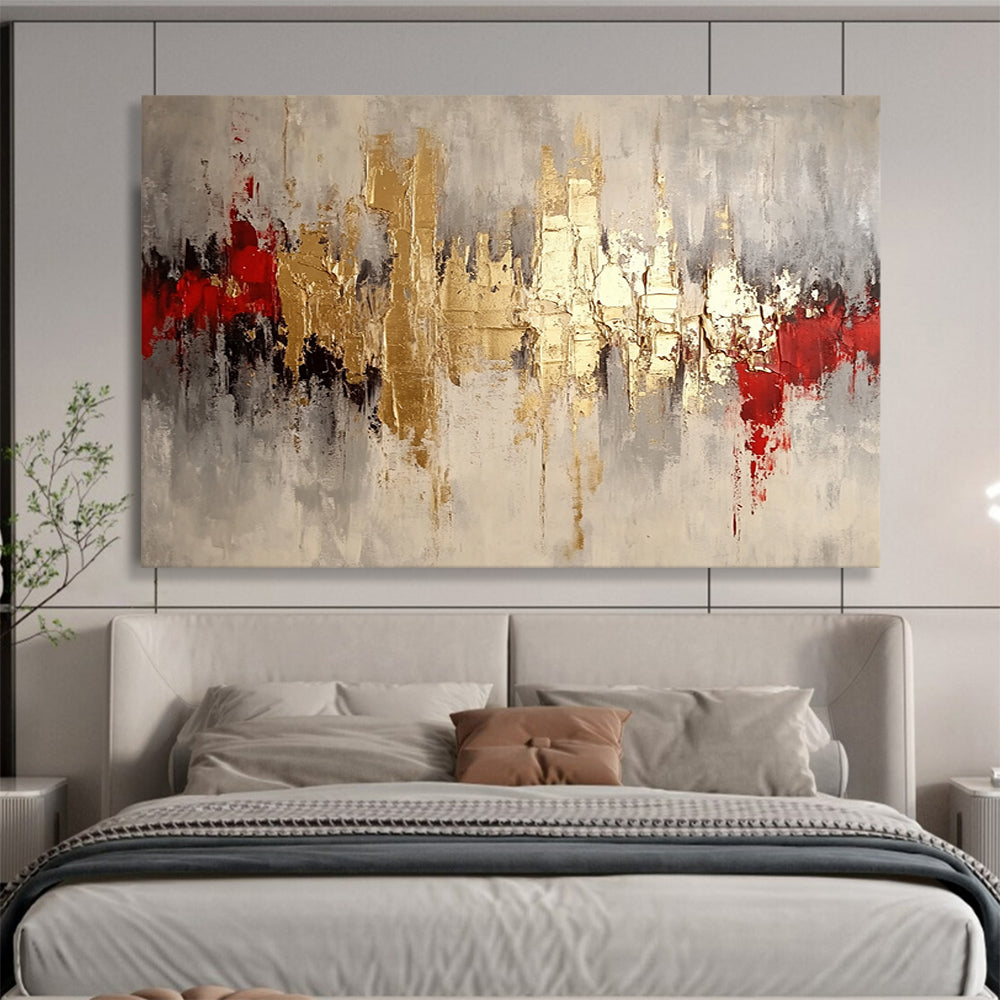 “Gilded Cityscape” - Gold, Gray, Red, Textured Abstract Skyline Painting On Canvas HB1042