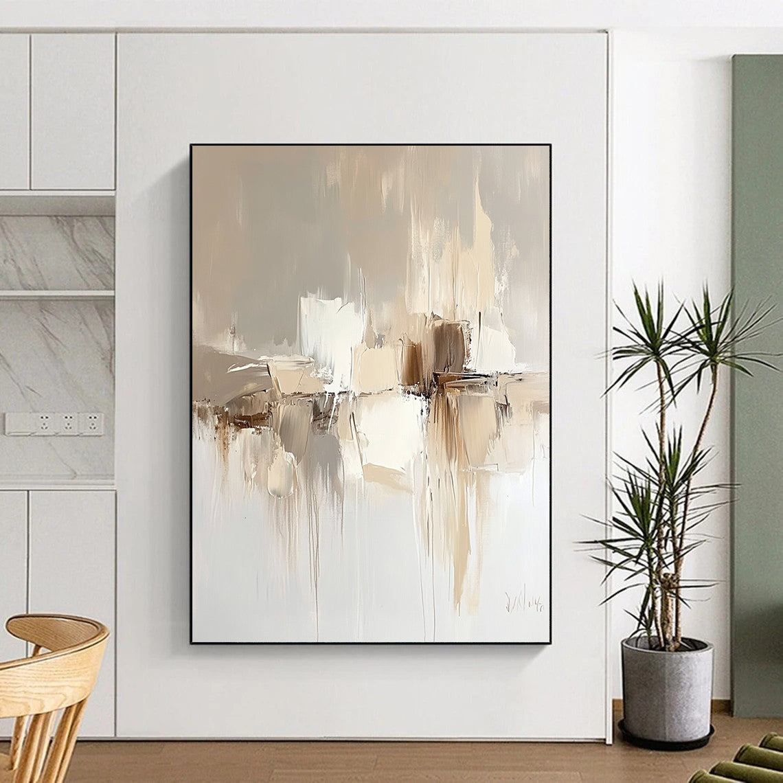Contemporary hand-painted abstract artwork in soft neutral tones featuring a beige background and elegant fluid shapes that enhance modern interiors. DLZ0287