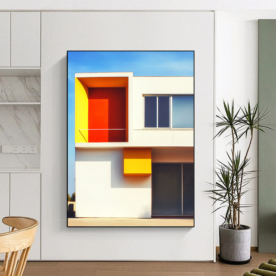Contemporary abstract art featuring a minimalist white structure with vivid orange and yellow accents set against a clear blue sky background. DLZ1640