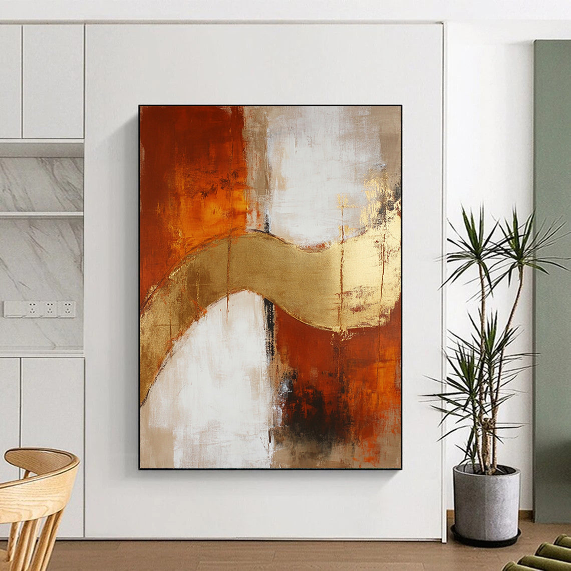 Large contemporary hand-painted abstract artwork featuring beige and rust hues, elegantly accented with gold details. DLZ0726