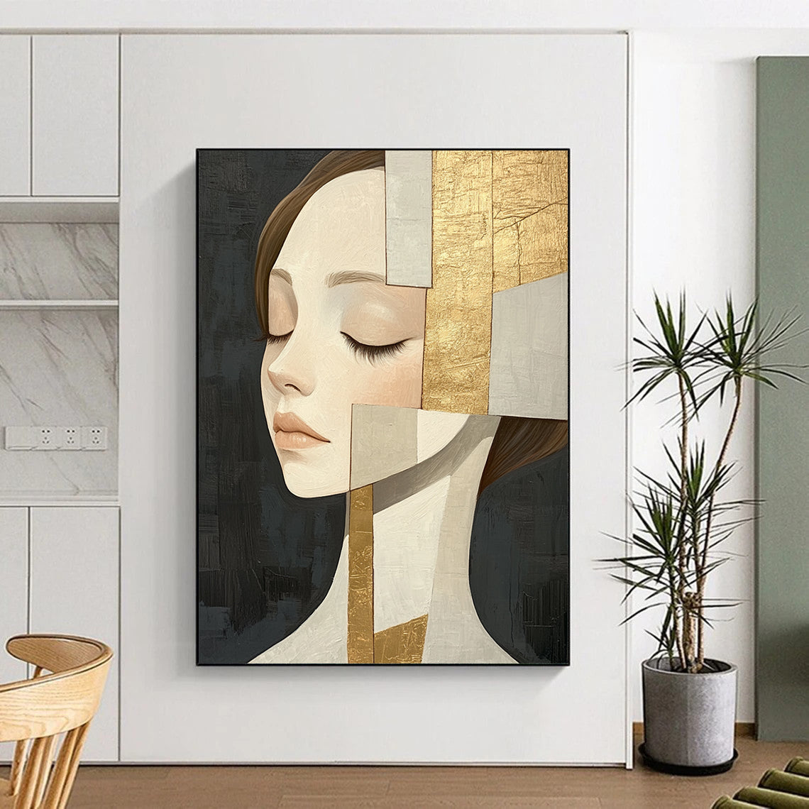 Large contemporary hand-painted abstract artwork featuring an elegant woman in beige tones with gold leaf accents against a dark gray background. DLZ1405