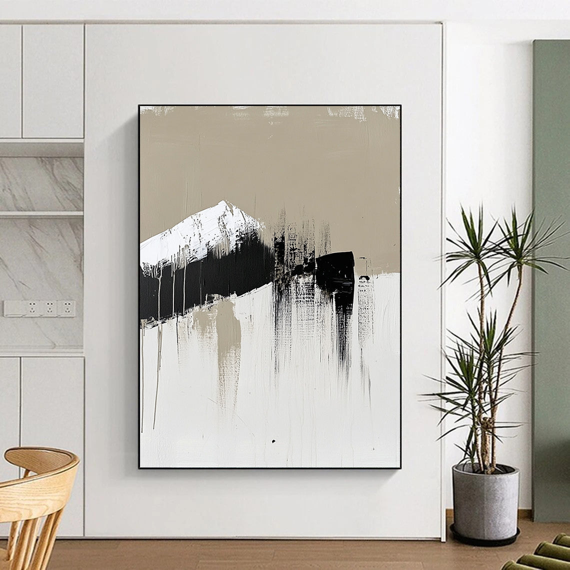 Contemporary hand-painted abstract art featuring a single brush stroke in neutral tones with black and white accents emphasizing minimalism. DLZ0971
