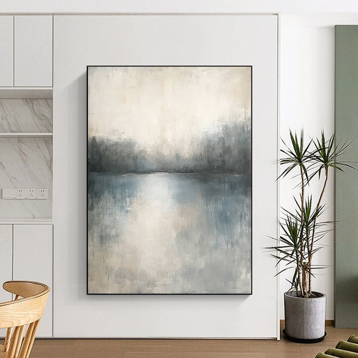 Contemporary abstract painting featuring muted tones and soft textures creating a serene, dreamlike landscape with subtle gradients and blurred edges. DLZ0443