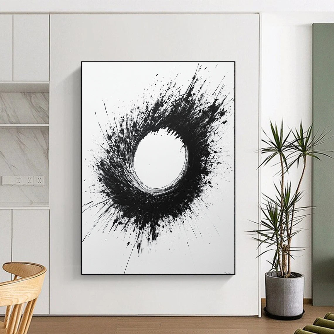 Black and White Splattered Circle "Chaotic Zen" Painting On Canvas HB287