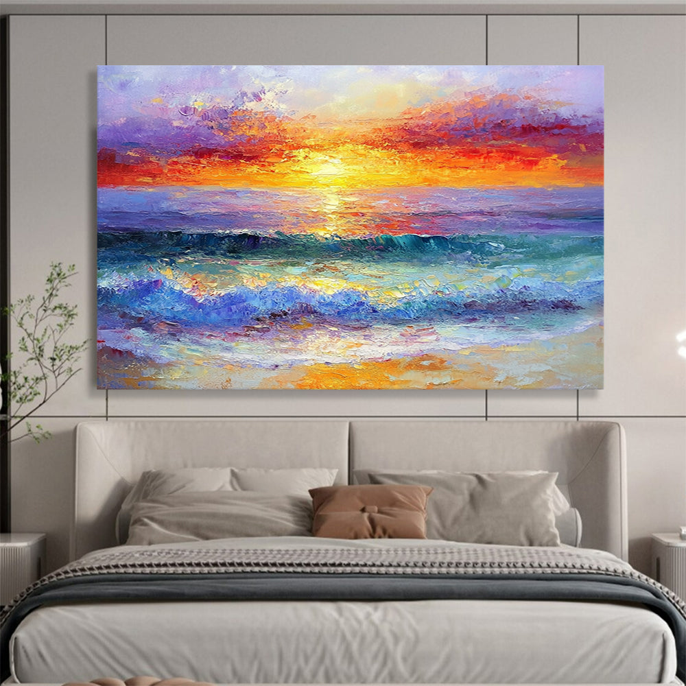 “Blazing Sunset Waves” - Fiery Oranges, Reds, Pinks, Purple, Dynamic Ocean Sunset - Impasto Oil Painting HB1749