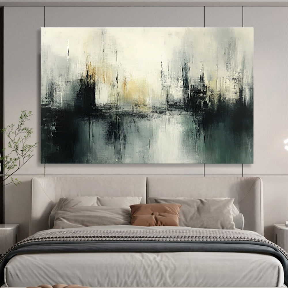 “Misty Urban Silhouette” - Gray, Black, White, Abstract Cityscape - Acrylic Painting HB1479