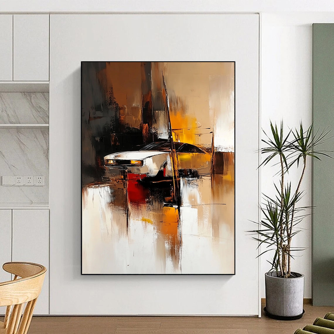 Contemporary abstract painting featuring blurred shapes in light brown dark amber and dark white creating an industrial design with soft edges and vibrant tones. DLZ0590