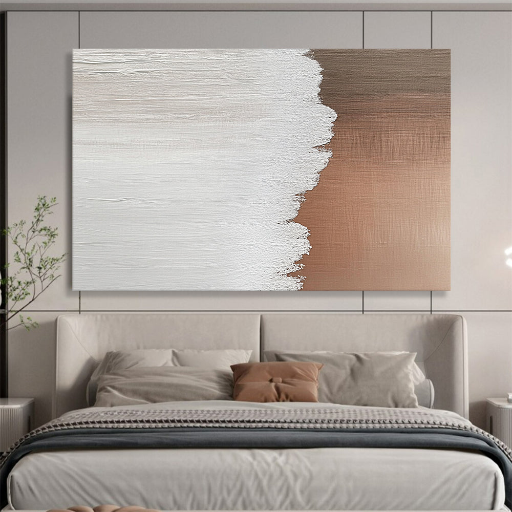 “White and Warm Brown Textured Split” - Minimalist Abstract Painting On Canvas HB0509