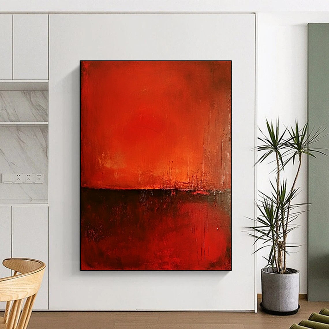 Contemporary abstract painting features a rich red background, smooth red surface, and warm dark brown accents, creating minimalist atmospheric depth and intriguing textures. DLZ1448
