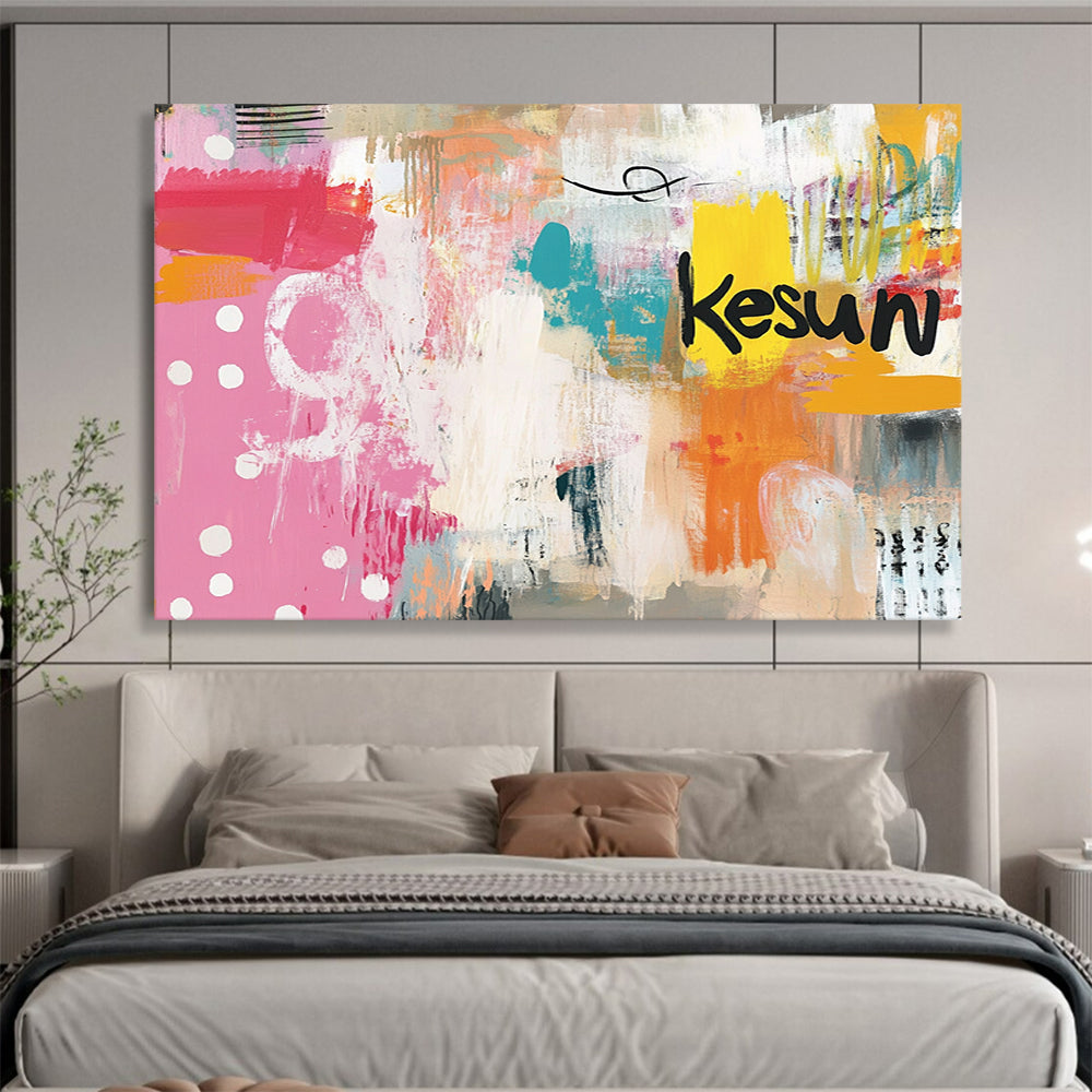 “Colorful Playful Abstract” - Pink, Orange, Teal, Yellow with Dots and “Kesun” - Painting On Canvas HB1389