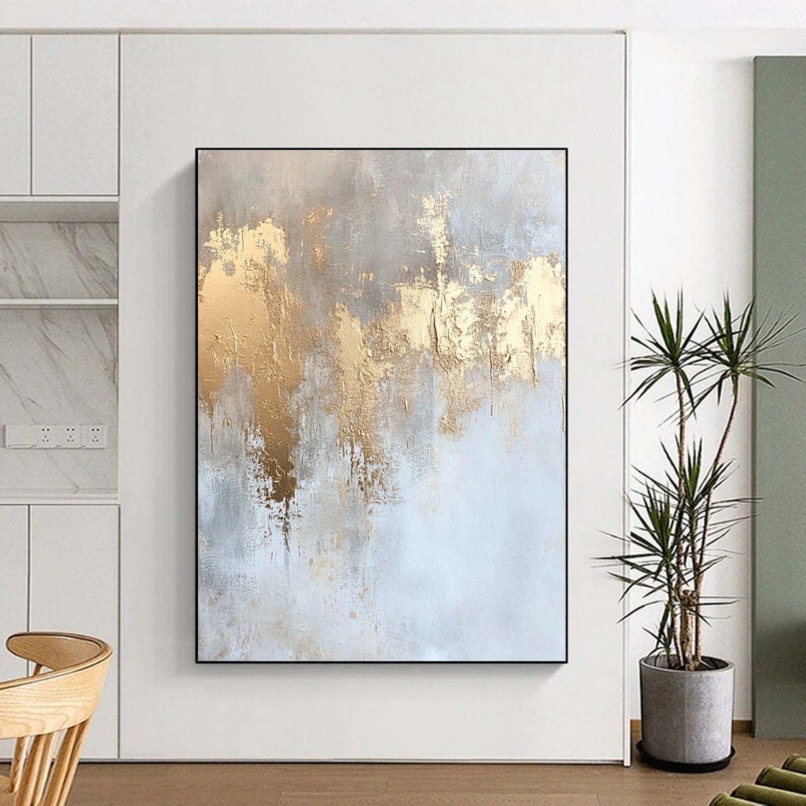 Contemporary hand-painted abstract art featuring textured white and gold accents in soft neutral tones of beige and light gray. DLZ0816
