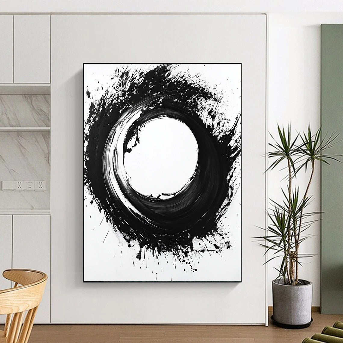 Black Circular Brushstroke on White - “Zen Enso Abstraction” Painting On Canvas HB215