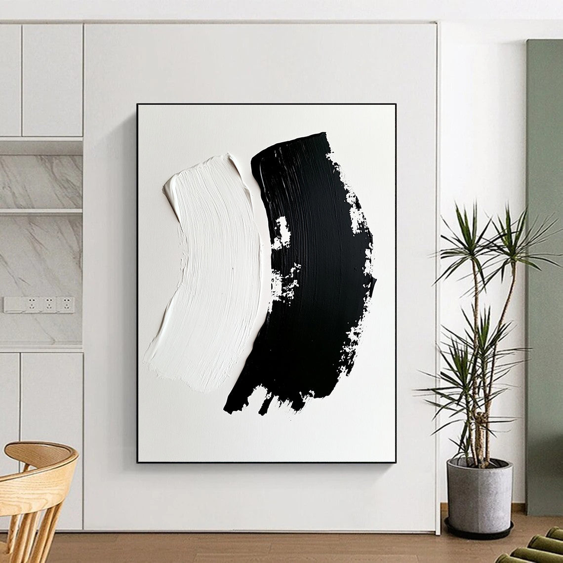Contemporary hand-painted abstract art featuring dynamic black brushstrokes on white canvas showcasing depth and contrast in an engaging composition. DLZ1746