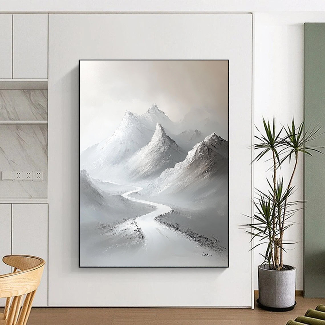 Contemporary large hand-painted abstract artwork featuring snow-covered mountains with a minimalist white palette and elegant brushstrokes on a gray background. DLZ1417