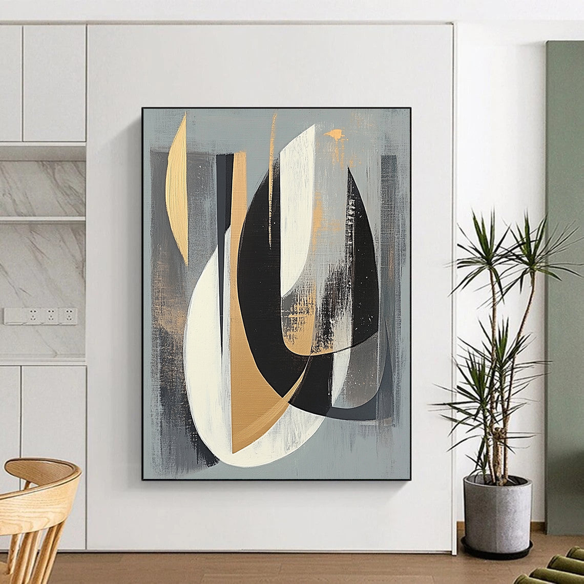 Gray, Black, White and Gold Abstract Shapes "Mystic Fusion" Painting On Canvas HB353