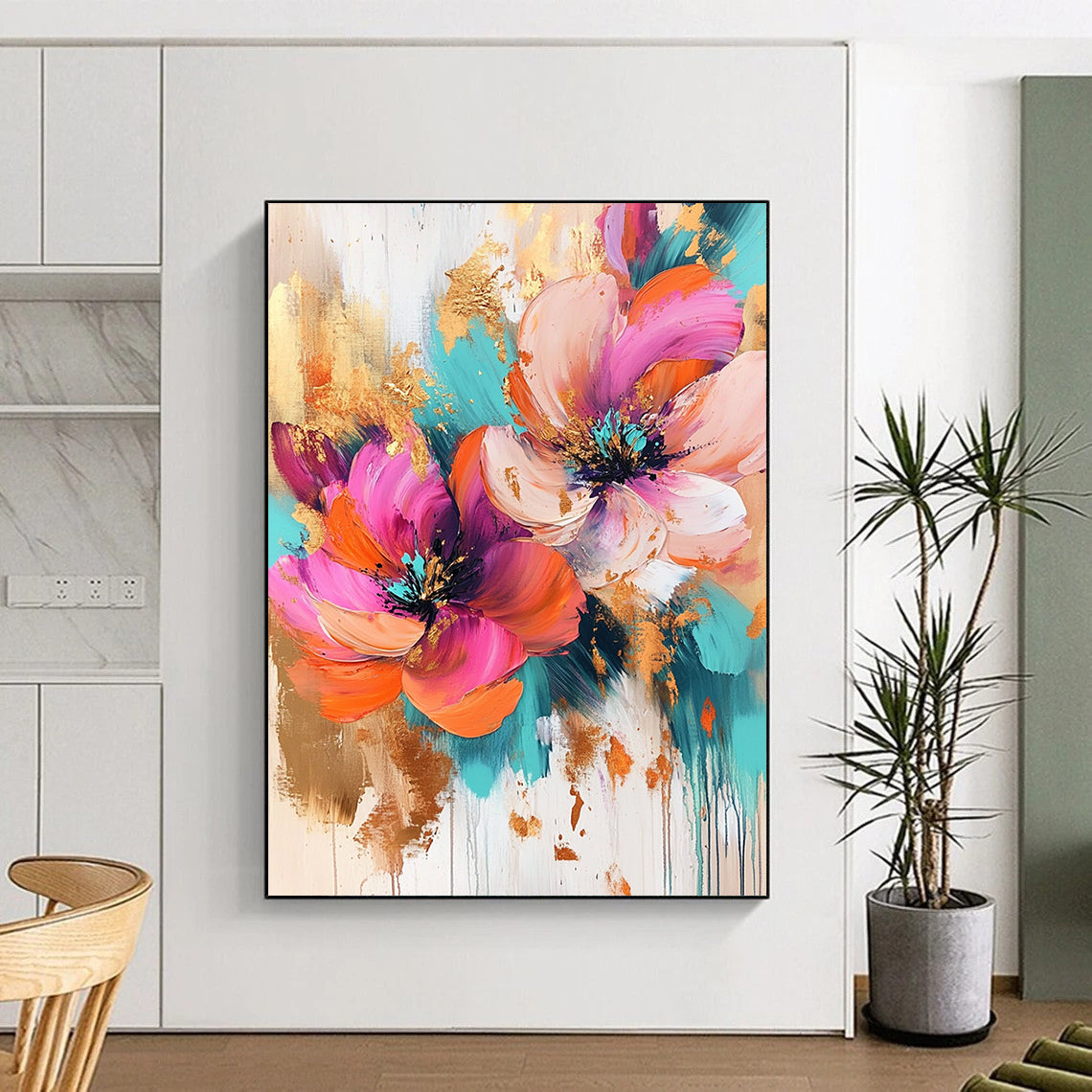 Contemporary abstract artwork featuring vibrant pink, orange, and turquoise flowers enhanced with gold leaf splashes, ideal for modern decor. DLZ1263