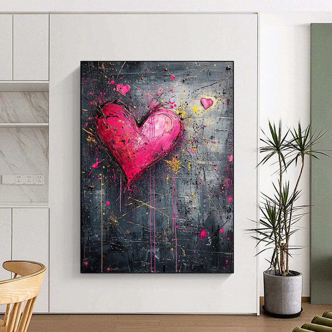 Pink Hearts with Splattered Yellow & Red - “Passionate Urban Hearts” Painting On Canvas HB212