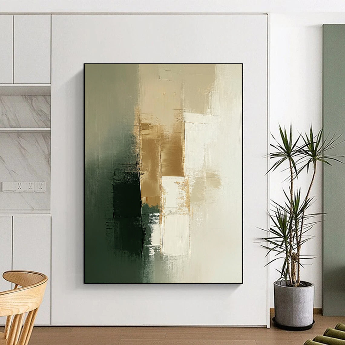 Contemporary abstract painting features soothing sage green and white tones with elegant gold accents for a tranquil atmosphere. DLZ0879