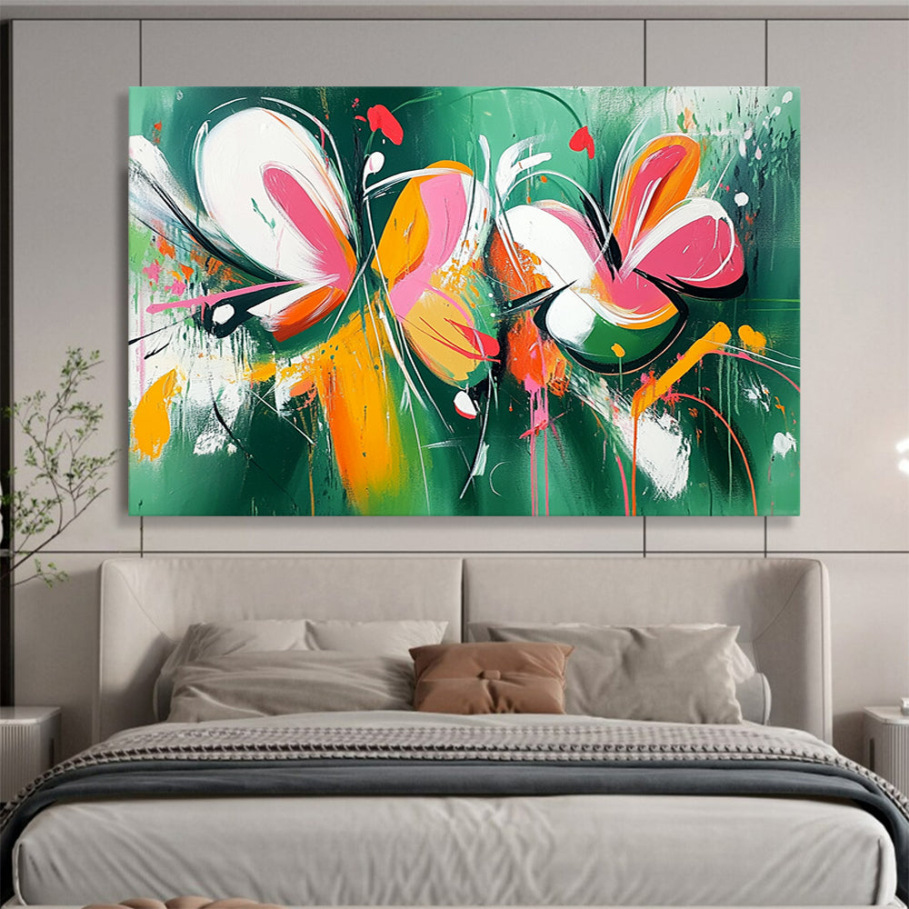 “Vibrant Floral Abstraction” - Green, Pink, Orange, Abstract Flowers Painting On Canvas HB0738