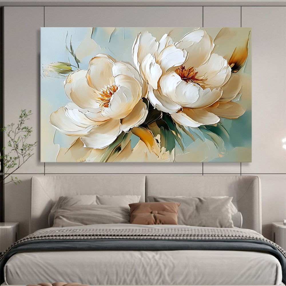“Cream - colored Peonies on Light Blue” - Cream, Light Blue, White, Cream - colored peonies on light blue - Impasto Oil Painting HB1789
