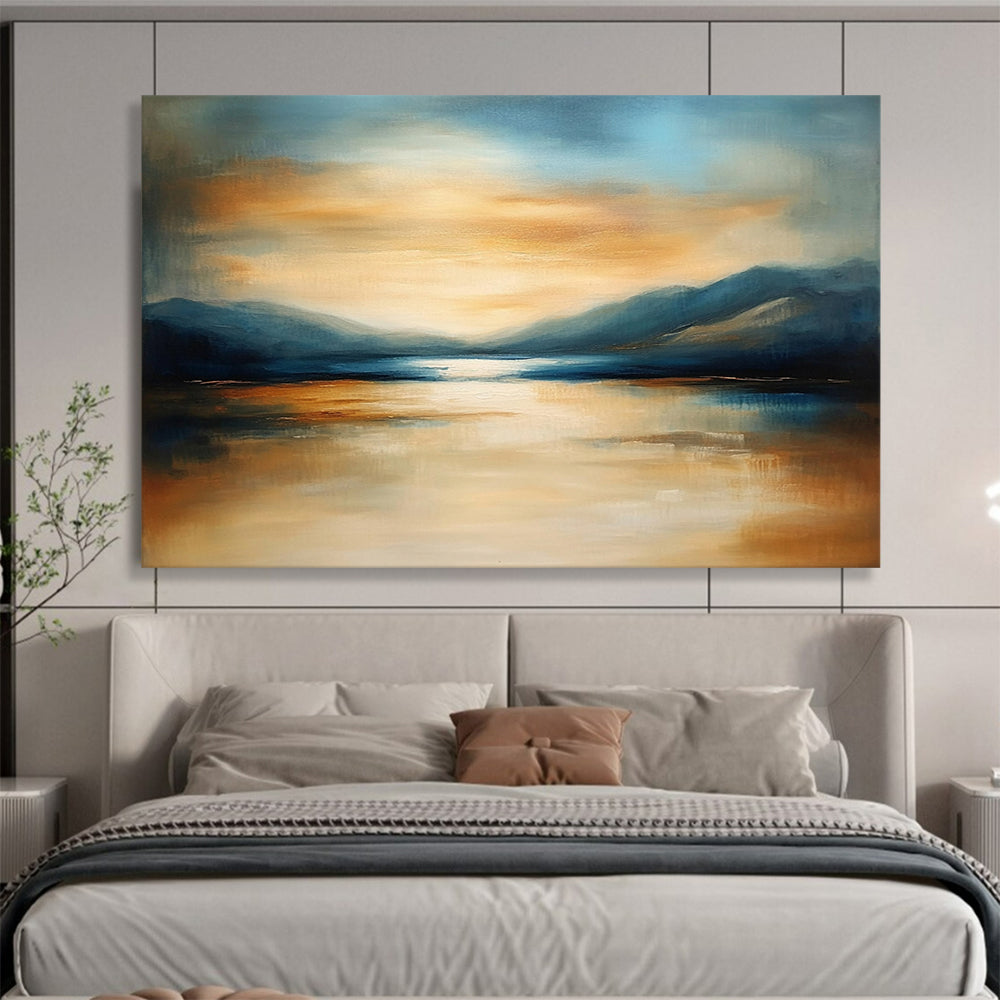 “Mountain Lake Sunset” - Orange, Blue, Beige, Landscape Oil On Canvas HB0703