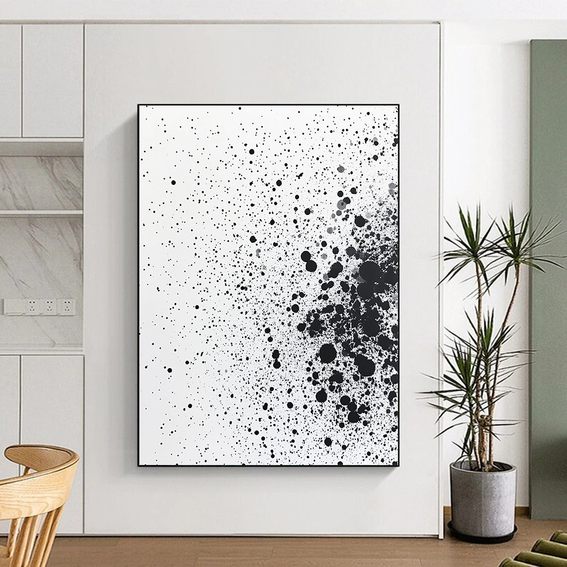 Black Dots & Splatter on White - “Random Ink Energy” Painting On Canvas HB226