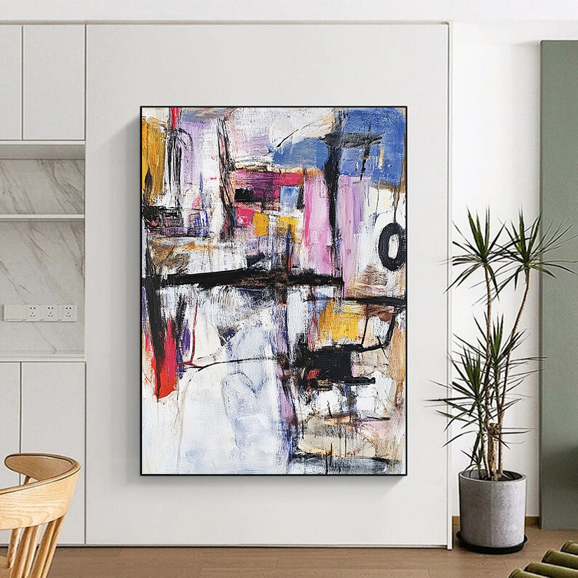 Contemporary abstract painting featuring vibrant shapes and textures in diverse colors, created with thick brush strokes and palette knife techniques in oil. DLZ0588