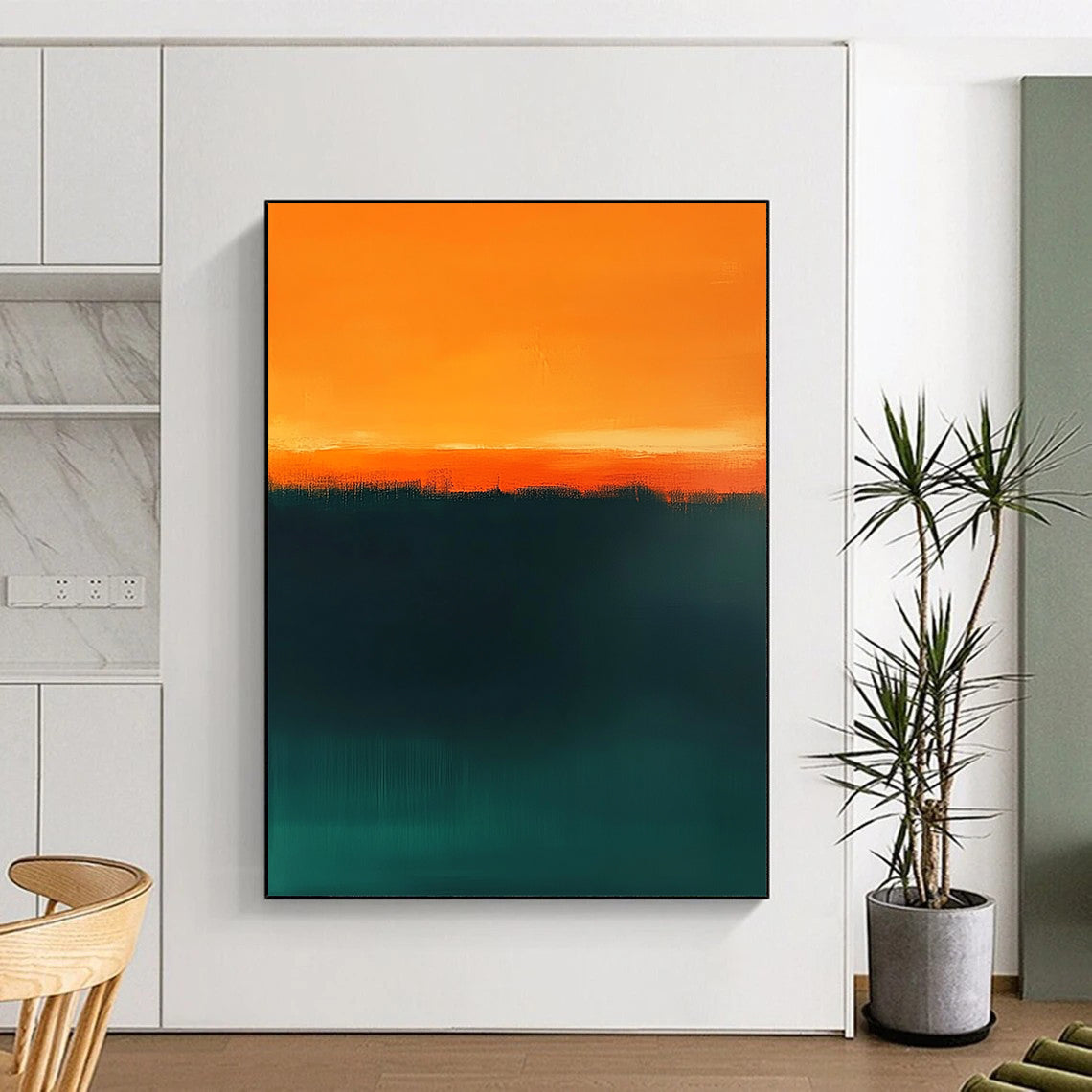 Contemporary hand-painted abstract art featuring dark green and orange tones with a tranquil teal gradient and warm amber horizon line for serene beauty. DLZ1384