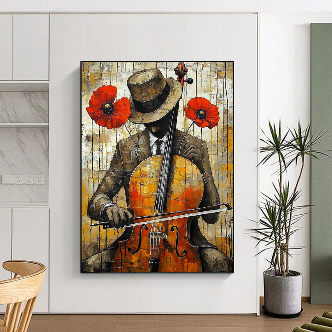 Contemporary abstract art featuring a cello player in vibrant yellow red and brown with dripping paint effect and urban background showcasing heavy brush strokes. DLZ1304