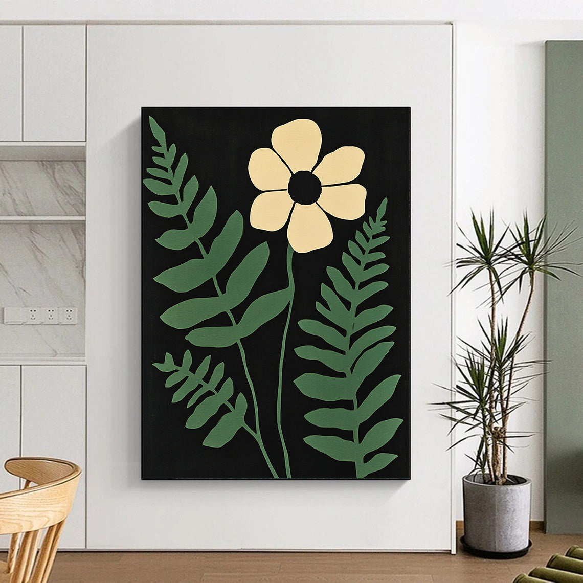 Contemporary abstract art featuring a white flower and green fern leaves on a striking black background with muted colors inspired by Matisse. DLZ1636