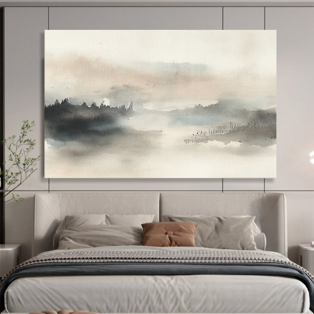 “Misty Landscape Watercolor” - Gray, Beige, Misty Landscape Watercolor On Canvas HB0717
