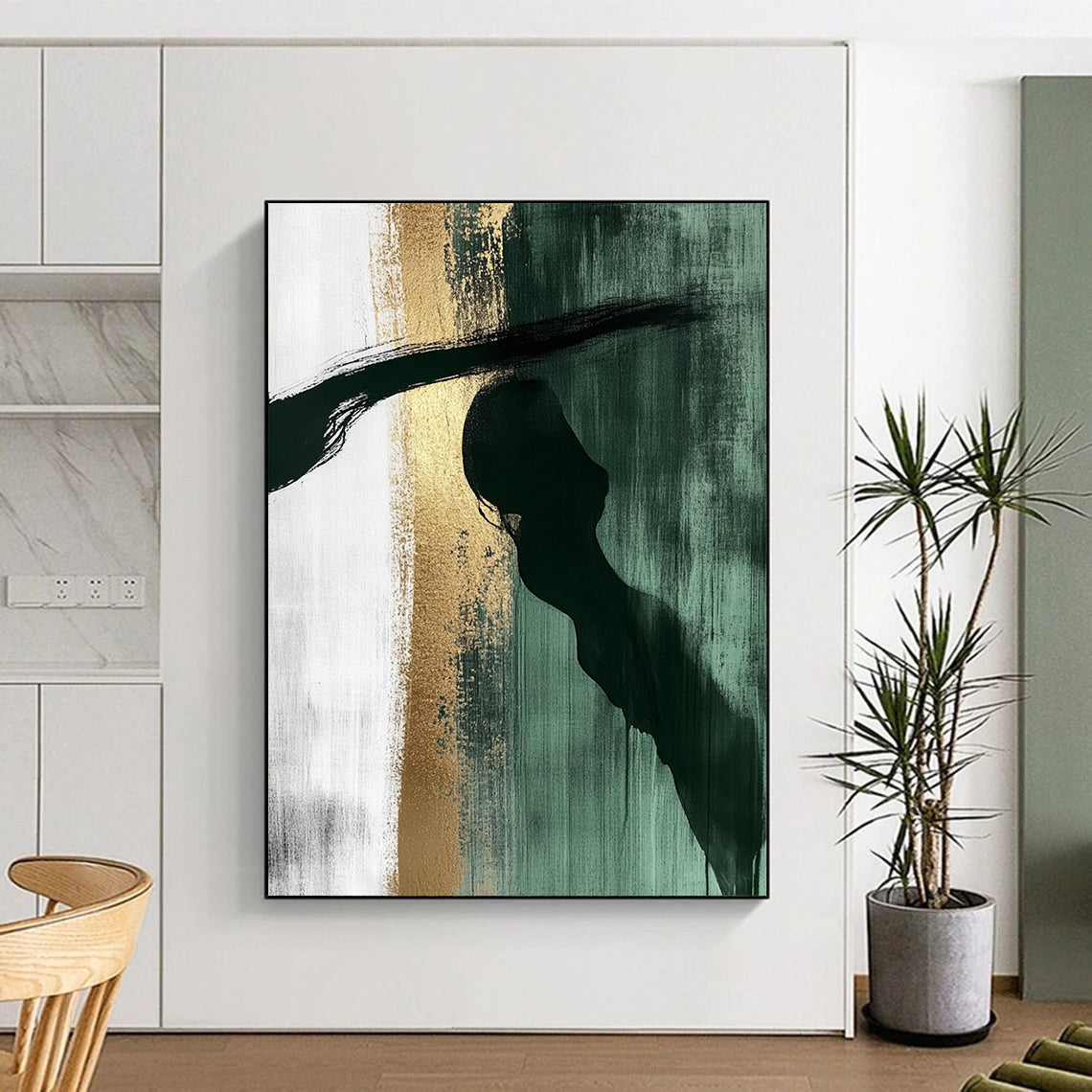 Abstract painting features dark green white gold hues with large brushstrokes a shadowy profile figure evokes calmness and contemplation in a textured watercolor style. DLZ1329