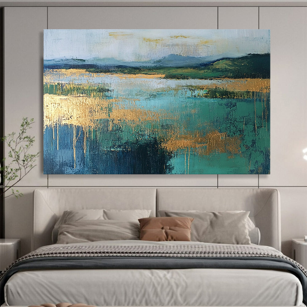 “Gold - Accented Lake Scene” - Blue, Green, Gold, Abstract Lake Landscape Painting On Canvas HB0990