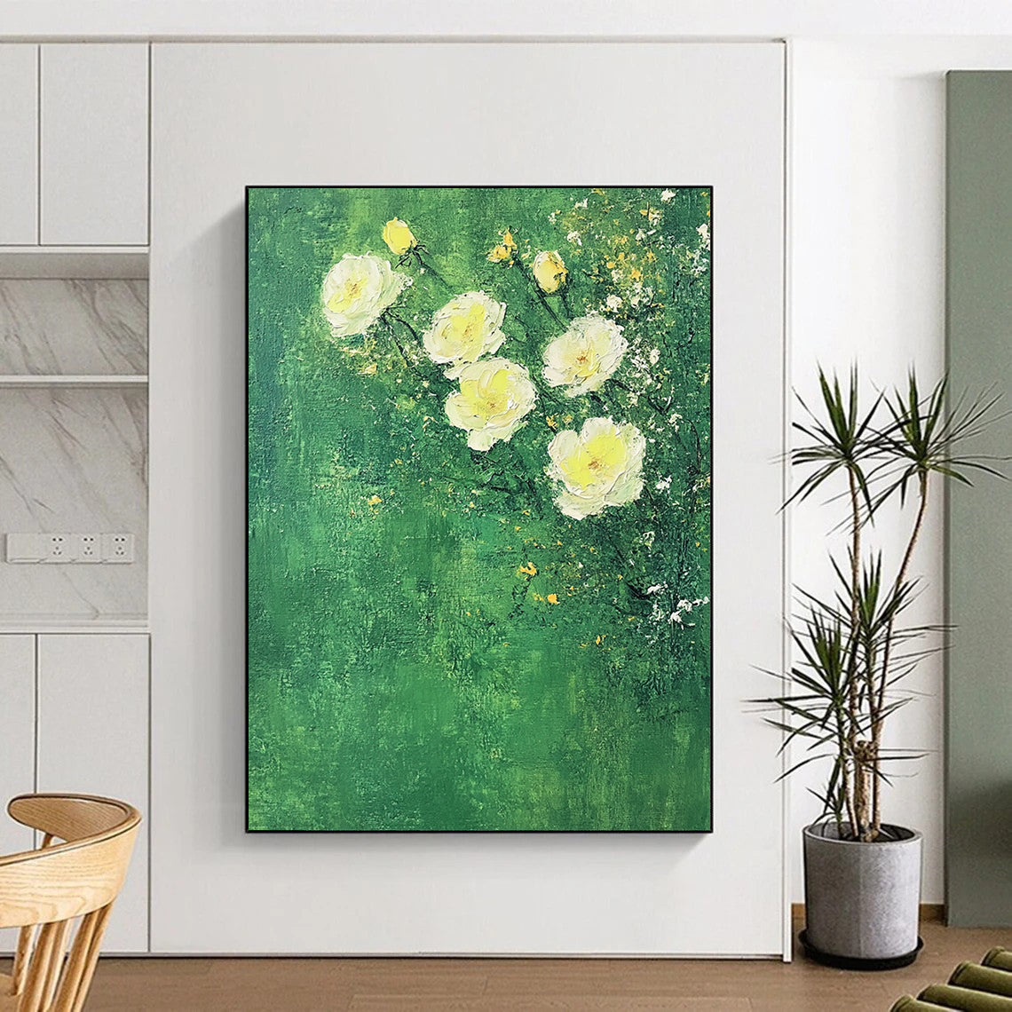 Contemporary abstract art featuring white roses on a textured green background with soft colors and minimalist Impressionist influences. DLZ1752