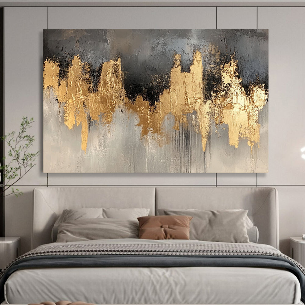 “Gold and Gray Abstract Skyline” - Gray, gold; Abstract skyline with gold accents; Acrylic Painting On Canvas HB1244