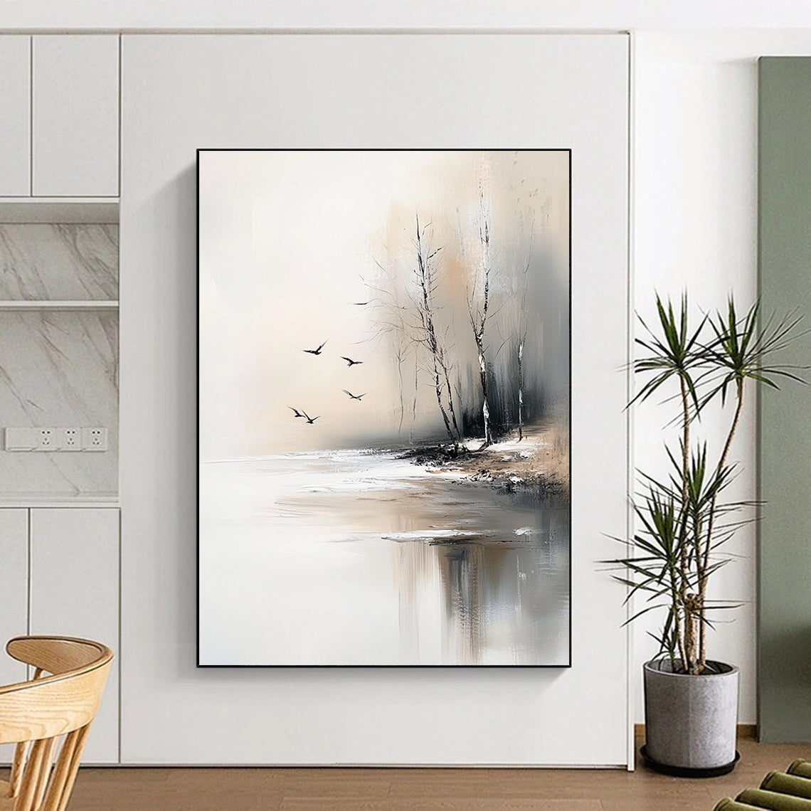 Large contemporary abstract painting featuring serene trees by an ice-covered lake with flying birds in soft gray and beige tones. DLZ0411