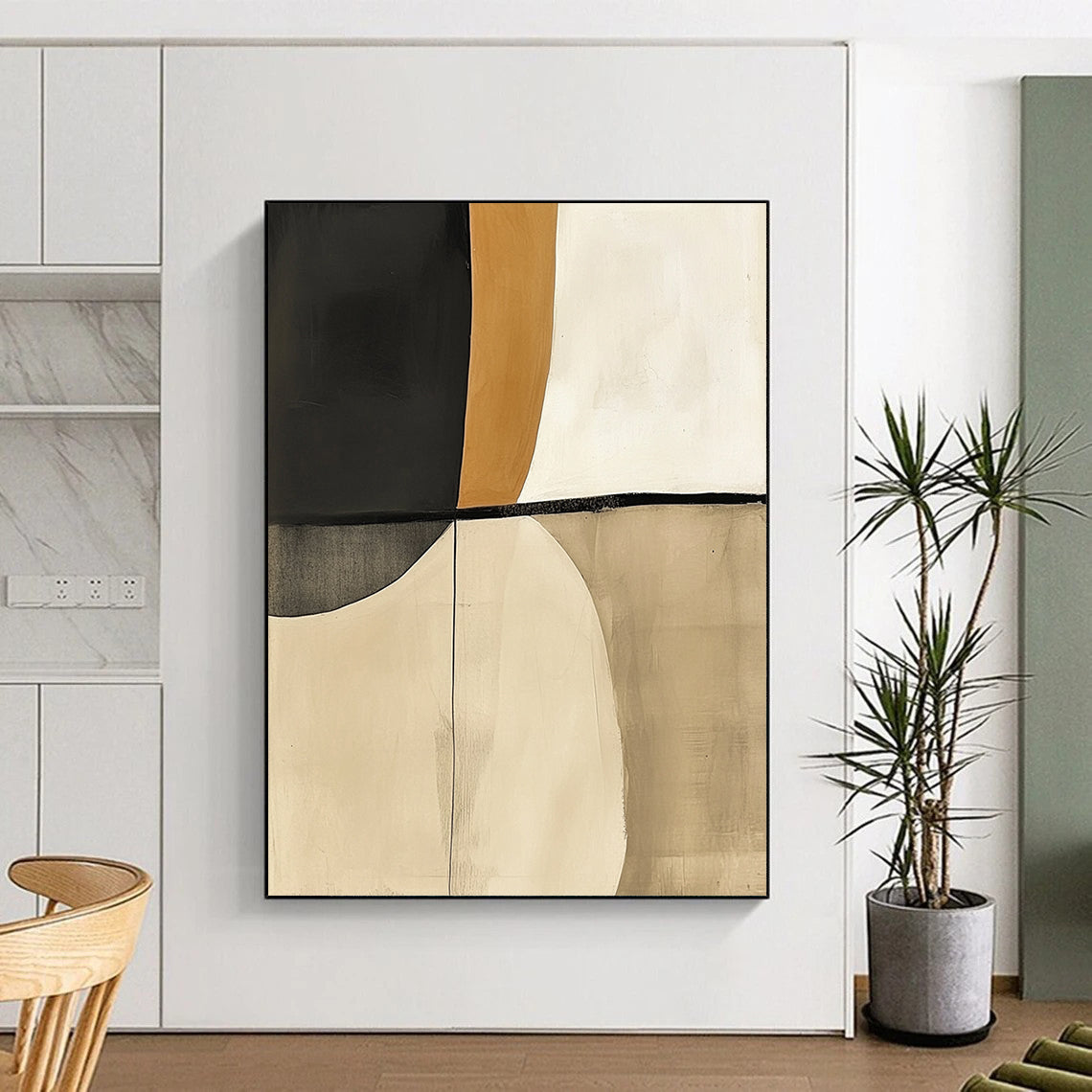 Contemporary hand-painted abstract artwork featuring beige and white tones with striking black accents resembling elegant shapes inspired by shoulder pads. DLZ1258