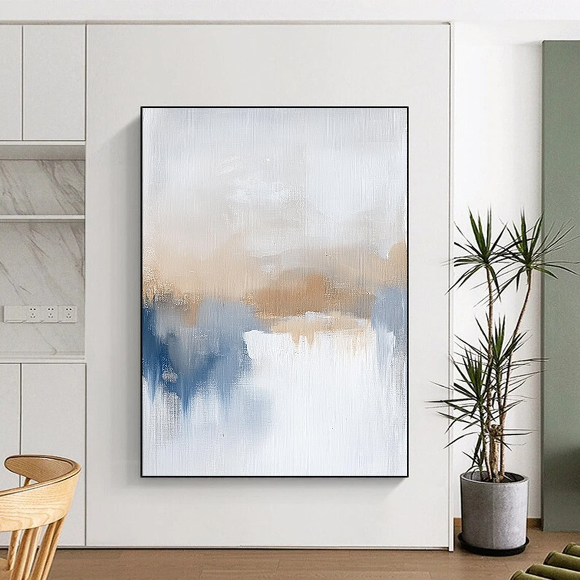 Contemporary large hand-painted abstract art featuring soothing beige and blue tones, evoking calming vibes of a serene sea horizon. DLZ0404