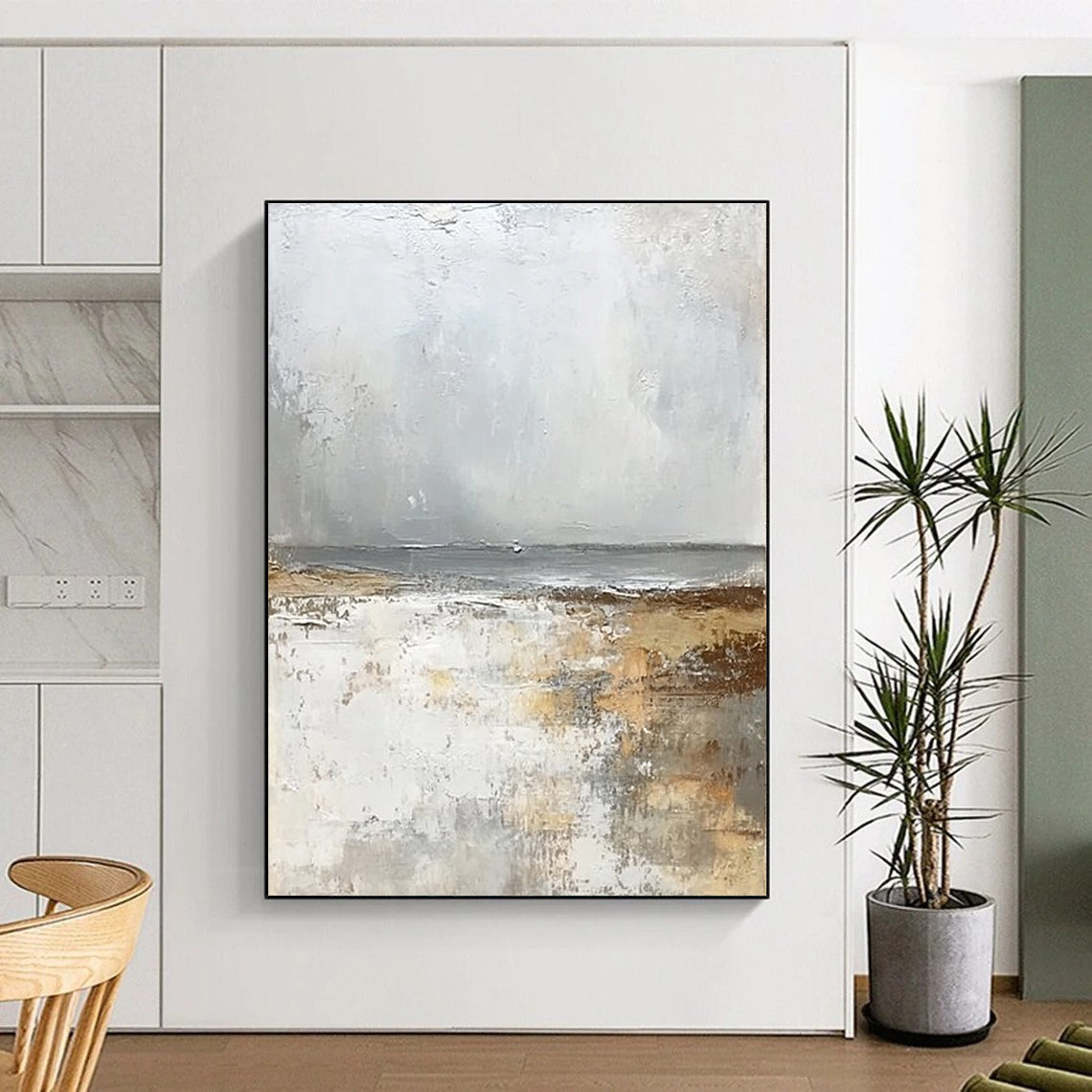 Contemporary abstract artwork featuring a serene misty beach in soft whites and greys exuding tranquility and harmony for elegant decor. DLZ0475