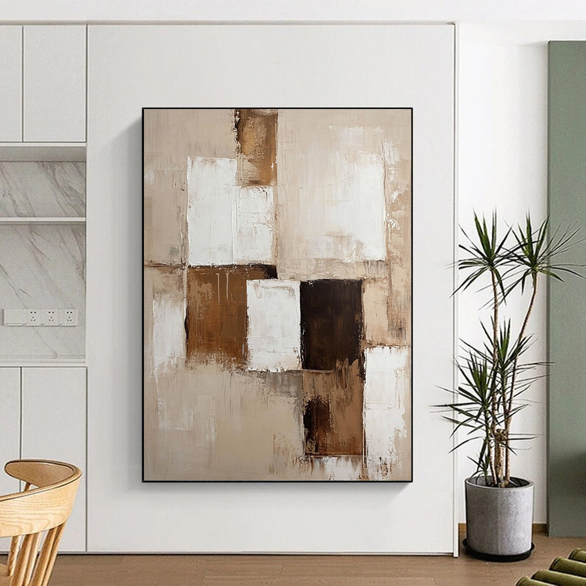 Contemporary abstract painting with beige and white tones and brown accents on textured canvas creates a perfect neutral wall accent. DLZ0289