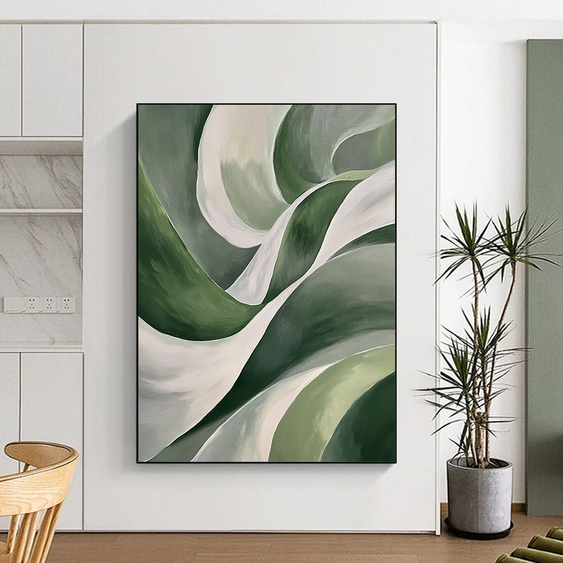 Contemporary hand-painted abstract art features smooth green leaf-like curves and white waves on a dark gray background, creating a striking visual impact. DLZ1209