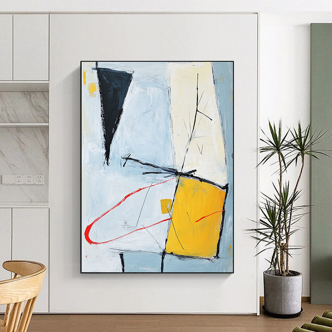 Contemporary hand-painted abstract artwork featuring light blue gray and yellow shapes connected by red curves on an off-white background within a square format. DLZ1021