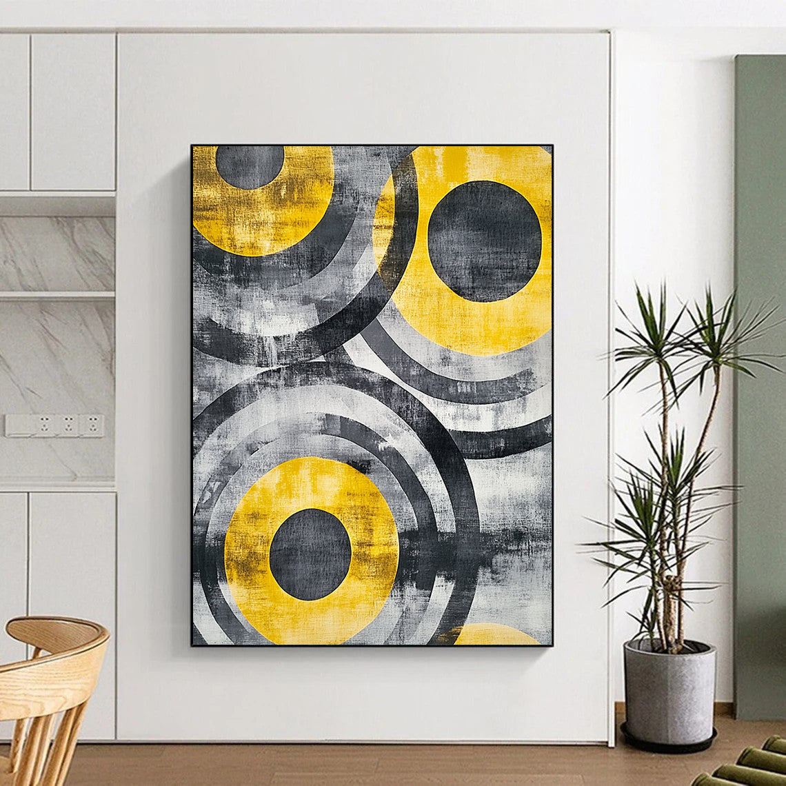 Gray, Black, Yellow and White Abstract Circles "Energetic Orbits" Painting On Canvas HB380