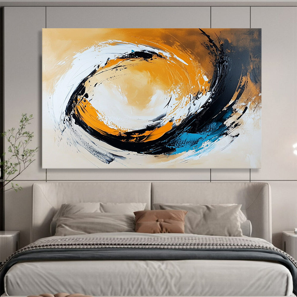 “Dynamic Swirl in Orange, Black, White, and Blue” - Orange, black, white, blue; Abstract swirling brushstrokes; Acrylic Painting On Canvas HB1232