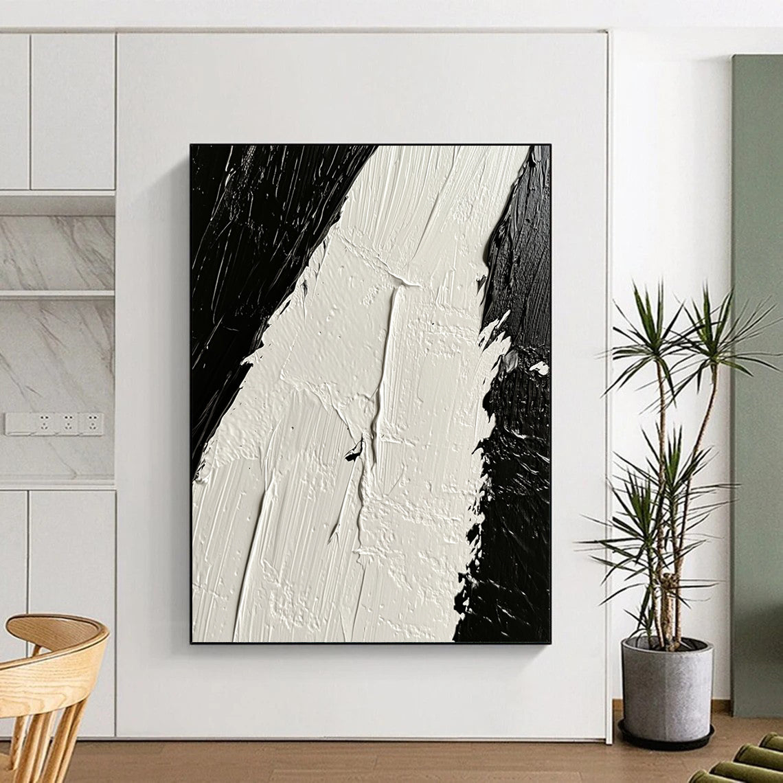Contemporary hand-painted abstract artwork showcasing intricate white oil paint textures contrasted against deep black tones on canvas. DLZ1745
